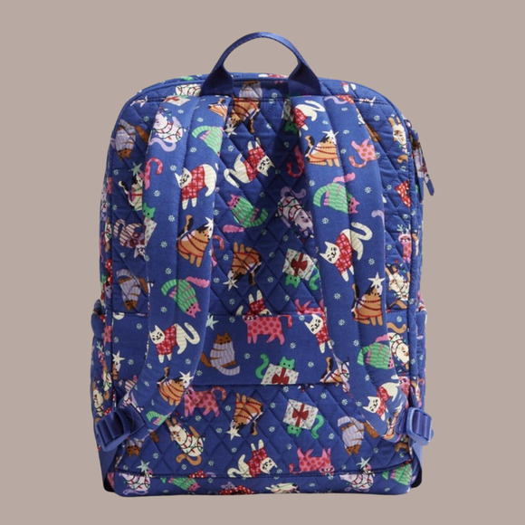 New Vera Bradley Catnip Christmas Essential Large Backpack Quilted Cotton Blue - Picture 2 of 7